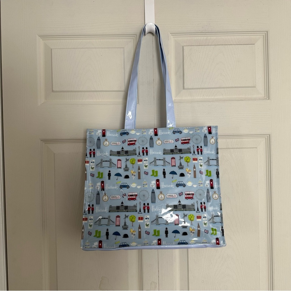 Harrods Large London Print Tote Bag | PVC Shopper | Zip Pocket